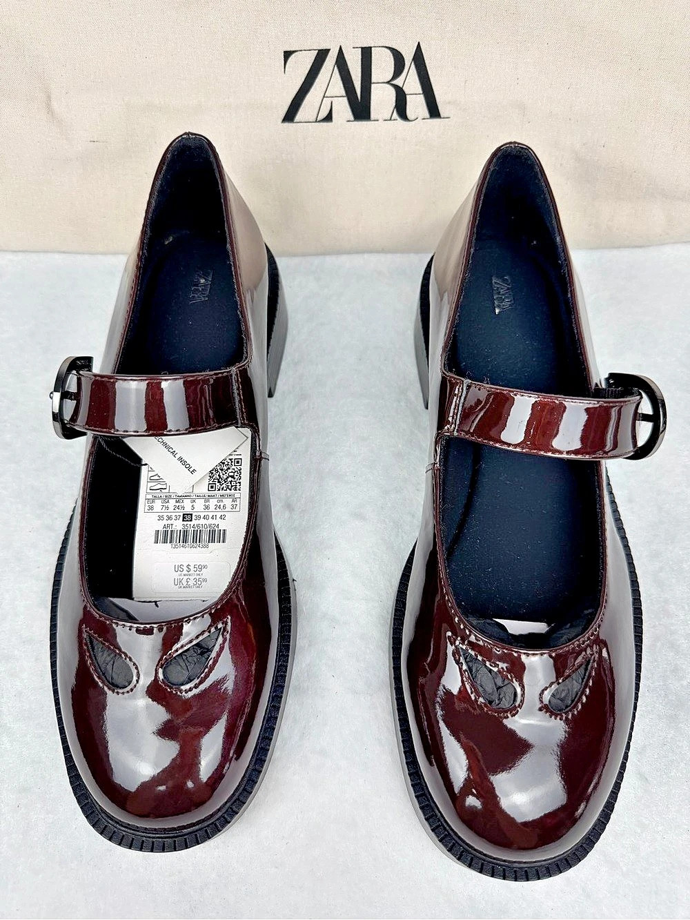 Zara Patent Women’s Platform Mary Janes Shoes with Cut-Outs Brown Size 7.5 NWT